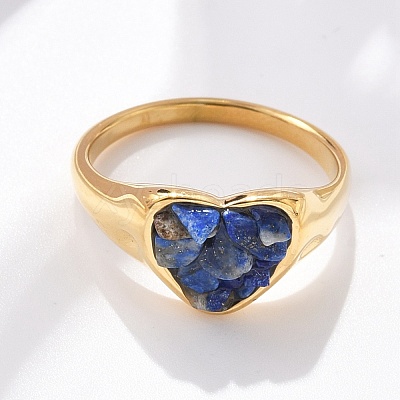 Heart Natural Lapis Lazuli Finger Rings RJEW-D303-01G-03-1