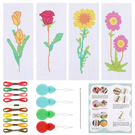 Gorgecraft 4 Sets 4 Style DIY Flower Bookmark Cross-Stitch Kit DIY-GF0009-28-1