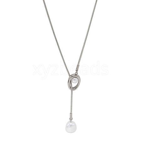 Adjustable 304 Stainless Steel & Imitation Pearl Oval Lariat Necklaces for Women FS-WG9D652-02-1