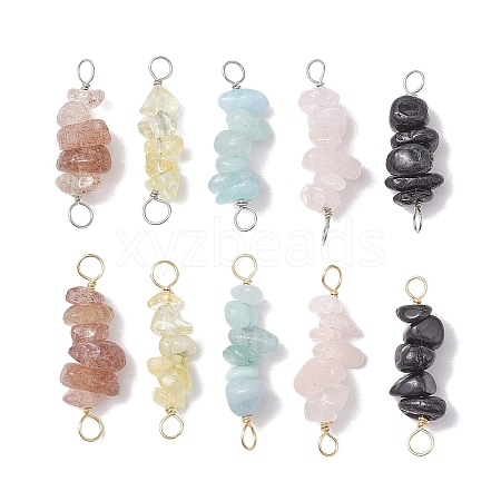 10Pcs 5 Styles Constellation Natural Citrine & Black Tourmaline & Aquamarine & Strawberry Quartz & Rose Quartz Copper Wire Wrapped Chip Beaded Connector Charms PALLOY-JF02905-01-1