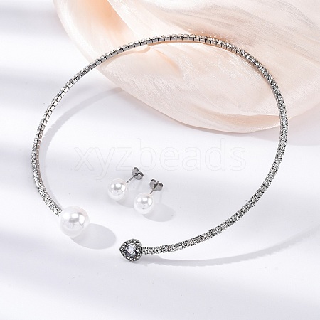 Round Plastic Imitation Pearl Stud Earrings & Cubic Zirconia and Rhinestone Heart Cuff Choker Necklaces Sets SJEW-U003-01P-1