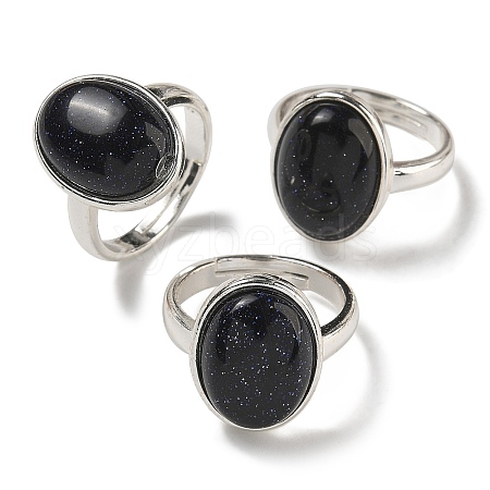 Synthetic Blue Goldstone Oval Adjustable Rings RJEW-K371-07S-21-1