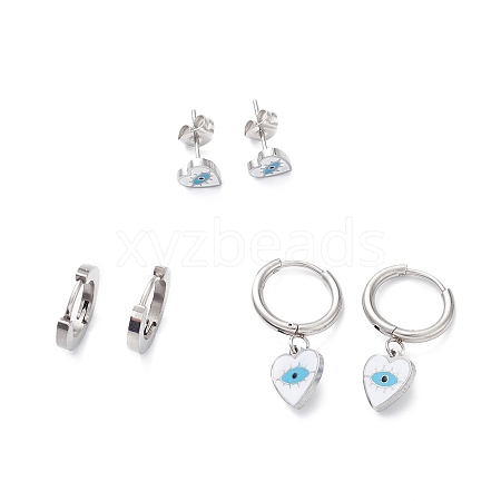 3 Pairs 3 Style Enamel Heart with Evil Eye Dangle Hoop Earrings EJEW-B020-22P-1