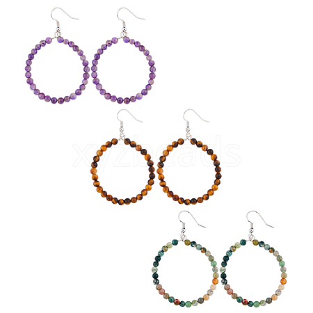 FIBLOOM 3 Pairs 3 Style Natural Mixed Gemstone Beaded Ring Dangle Earrings EJEW-FI0001-91-1