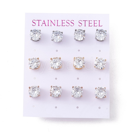 6 Pairs Cubic Zirconia Flat Round Stud Earrings EJEW-G291-05D-M-1