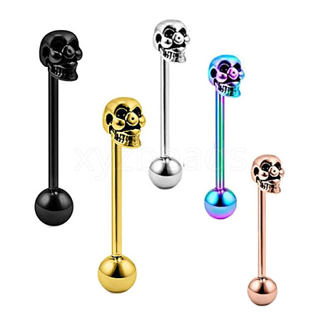 Skull 304 Stainless Steel Straight Barbell 15 Gauge Piercing Tongue Rings for Women Men FS-WG07D05-01-1