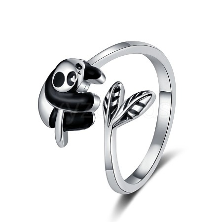 Cute Panda Brass Enamel Open Cuff Ring for Women RJEW-M016-01P-1