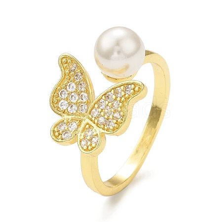 Clear Cubic Zirconia Butterfly with Plastic Pearl Beaded Open Cuff Ring RJEW-C047-05G-1