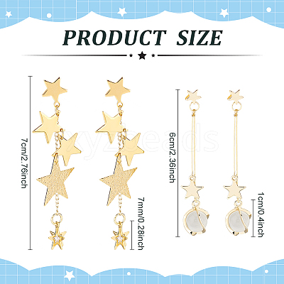 2 Pairs 2 Style Cat Eye Planet & Brass Star Asymmetrical Earrings EJEW-AN0002-20-1