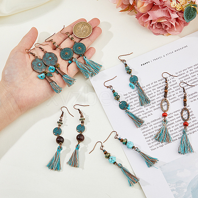 6 Pairs 6 Styles Ethnic Polyester Tassel Dangle Earrings EJEW-FI0003-03-1