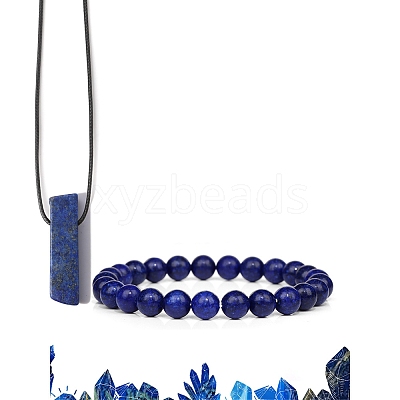 Natural Lapis Lazuli Beads Stretch Bracelets & Pendant Necklaces Sets for Men PW-WGF85DB-01-1