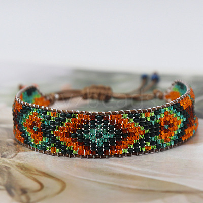 Bohemian Style Rhombus Pattern Glass Seed Beaded Braided Bead Bracelets WG1D303-01-1