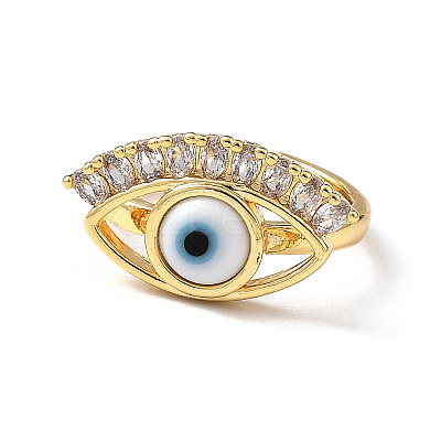 Lampwork Evil Eye Open Cuff Ring with Clear Cubic Zirconia RJEW-L104-02G-04-1