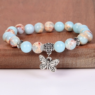 8MM Round Natural Shoushan Stone Beaded Stretch Bracelets with Alloy Butterfly Charms FQ7211-12-1