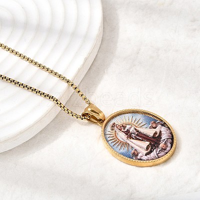 Unisex Religion 304 Stainless Steel Enamel Oval Pendant Box Chain Necklaces STAS-H258-02G-02-1