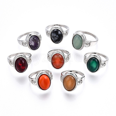 Natural Mixed Gemstone Oval Finger Rings RJEW-N044-03-1