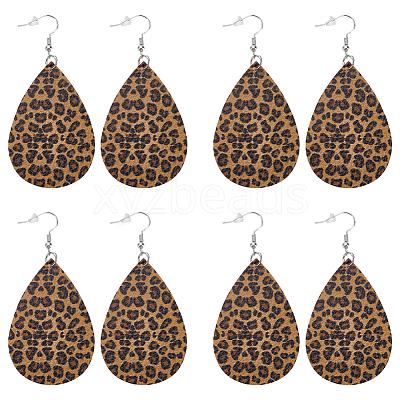 4 Pairs Artificial Leather Teardrop with Leopard Print Dangle Earrings EJEW-UN0002-92B-1