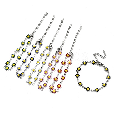 304 Stainless Steel Flower Link Chain Bracelets with Enamel BJEW-E088-02P-1