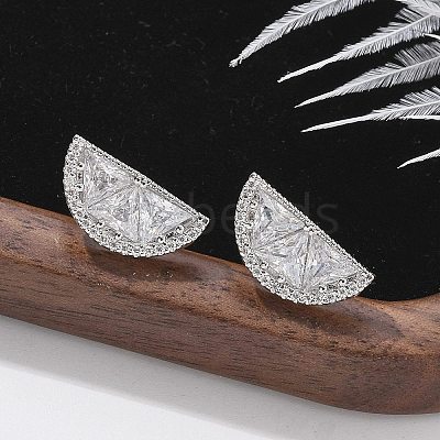Half Round Brass Micro Pave Clear Cubic Zirconia Stud Earrings EJEW-M077-08P-1
