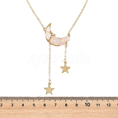 Natural Rose Quartz Chip Beads Moon Pendant Brass Cable Chain Necklaces for Women NJEW-TA00257-03-1
