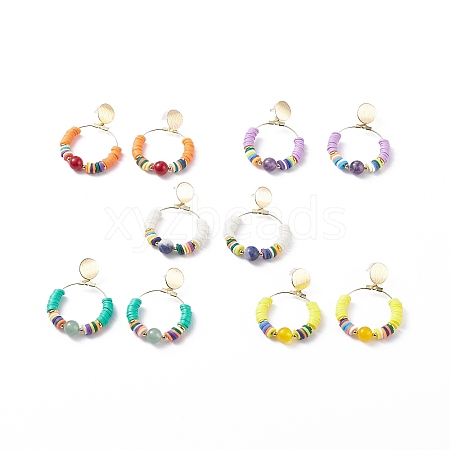 5Pcs 5 Color Natural Gemstone & Polymer Clay Beaded Big Ring Dangle Stud Earrings EJEW-TA00075-1