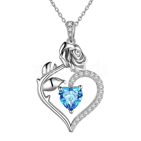 Rhodium Plated 925 Sterling Silver Pave Cubic Zirconia Rose Heart Birthstone Pendant Cable Chain Necklaces PW-WGEE50C-03-1