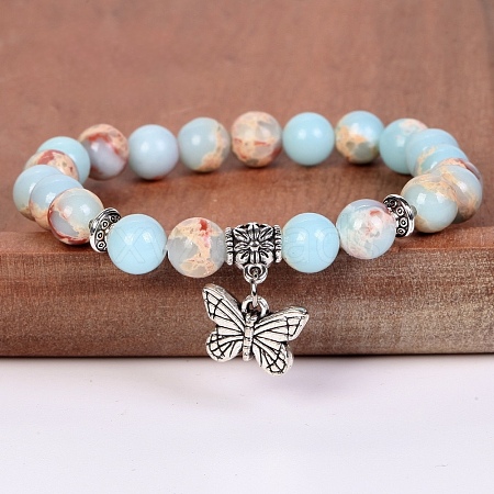 8MM Round Natural Shoushan Stone Beaded Stretch Bracelets with Alloy Butterfly Charms FQ7211-12-1