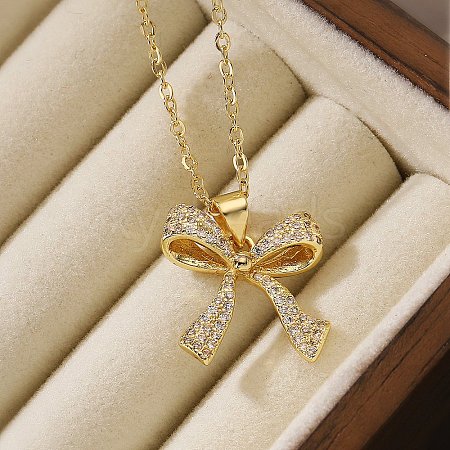 Brass Micro Pave Clear Cubic Zirconia Cable Chain Bowknot Pendant Necklaces for Women NJEW-C054-02C-G-1