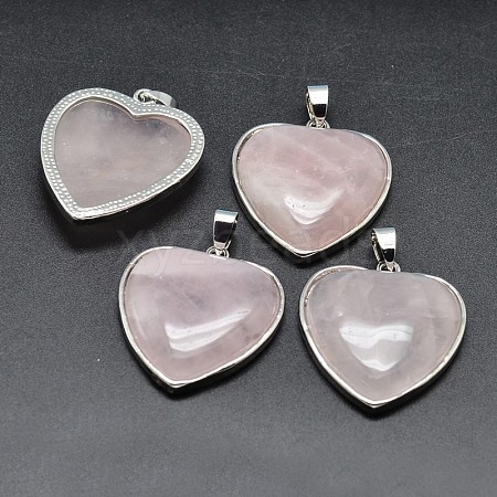 Heart Platinum Plated Brass Natural Rose Quartz Pendants G-F228-10F-RS-1