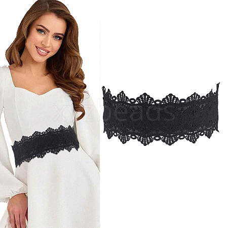 1Pc Polyester Flower Lace and PU Leather Elastic Waist Belts with Plastic Clasps for Women AJEW-HY0003-45-1
