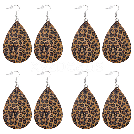 4 Pairs Artificial Leather Teardrop with Leopard Print Dangle Earrings EJEW-UN0002-92B-1