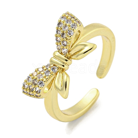 Bowknot Brass Micro Pave Cubic Zirconia Open Cuff Ring for Women RJEW-E296-10G-1