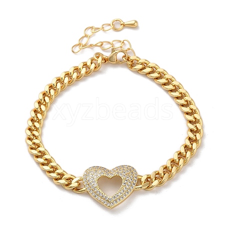 Brass Micro Pave Clear Cubic Zirconia Hollow Heart Cuban Link Chains Bracelets for Women BJEW-M322-02G-1