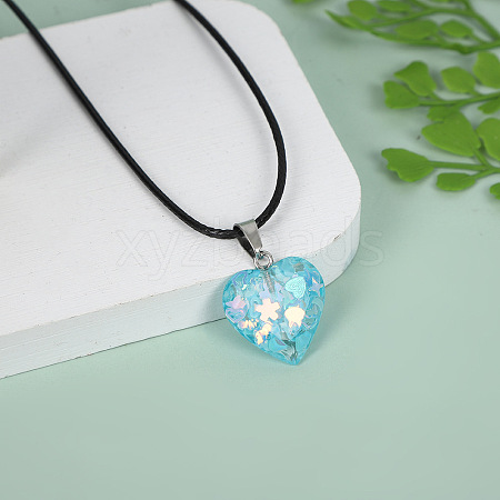Luminous Heart with Paillette Inside Pendant Black Wax Cord Necklaces FS-WGF75A0-02-1