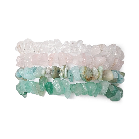 4Pcs Natural Flower Amazonite & Green Aventurine & Red Aventurine & Rose Quartz Chip Beaded Stretch Bracelet Sets BJEW-JB10775-01-1