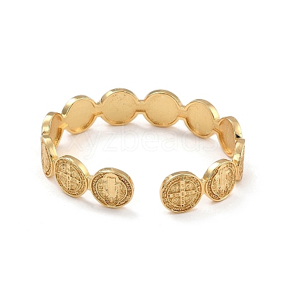 Flat Round With Cross Jesus Cuff Bangle BJEW-I298-03G-1