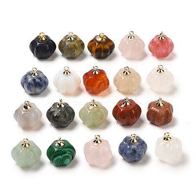 Natural & Synthetic Mixed Gemstone Pumpkin Charms with Golden Tone Brass Bails G-C158-06G-1