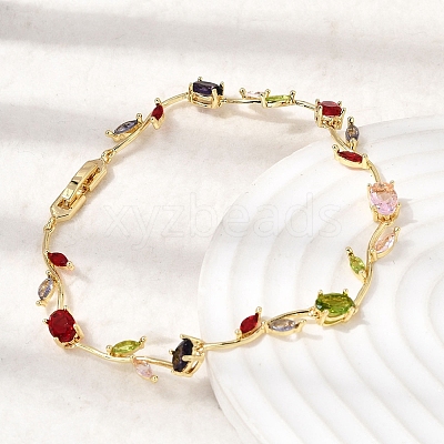 Leaf Brass Micro Pave Cubic Zirconia Link Chain Bracelets for Women BJEW-D455-01G-07-1