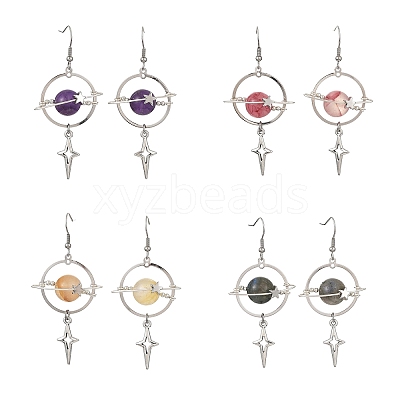 4 Pairs 4 Styles Natural Gemstone & Alloy Pendant Dangle Earrings EJEW-TA00818-1