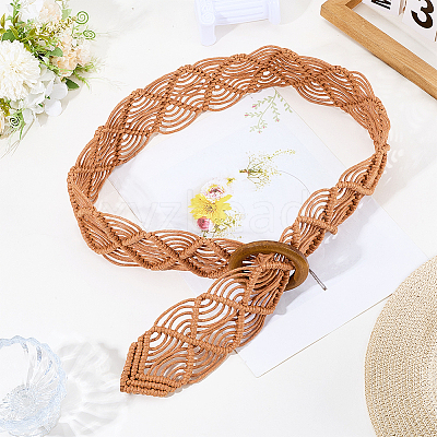 Cloth Woven Rhombus with Wood Chain Belts for Women AJEW-WH20019-125A-1