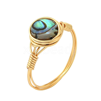 Copper Wired Natural Abalone Shell/Paua Shell Finger Rings for Women RJEW-JR01055-1