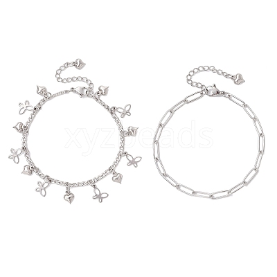 304 Stainless Steel Paperclip & Figaro Chain Bracelets for Women BJEW-JB12445-04-1