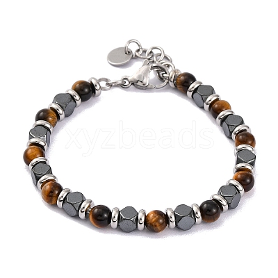 Natural Tiger Eye & Synthetic Hematite Round Beaded Bracelet BJEW-P339-02P-03-1