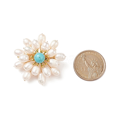 Synthetic Green Turquoise & Natural Pearl Braided Bead Flower Lapel Pin JEWB-TA00006-01-1