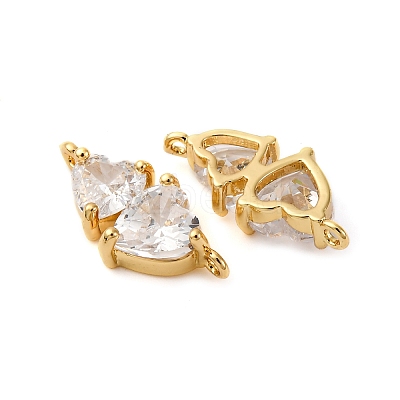 Brass Pave Clear Cubic Zirconia Double Heart Connector Charms KK-P308-74G-1