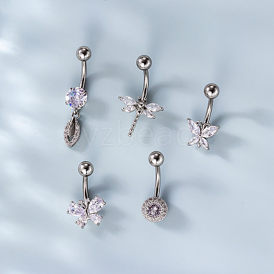 316L Surgical Stainless Steel Clear Cubic Zirconia Curved Barbell Belly Rings WG7644D-03-1