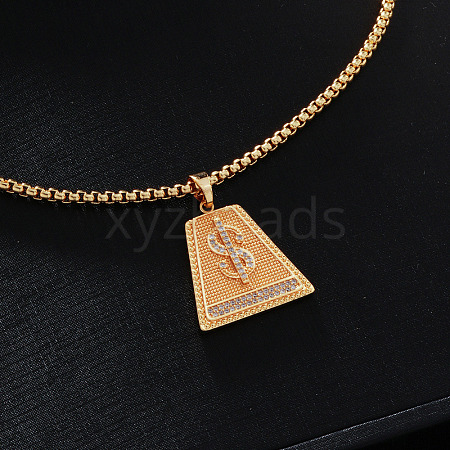 Brass Full Clear Cubic Zirconia Dollar Sign Trapezoid Pendant Box Chain Necklaces IF1636-2-1