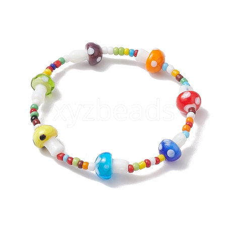 3mm Round Glass Seed Beads & Mushroom Handmade Lampwork Stretch Bracelets for Women BJEW-TA00523-1