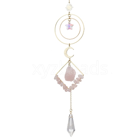 Wire Wrapped Natural Rose Quartz Chips Rhombus Hanging Ornaments HJEW-TA00298-1