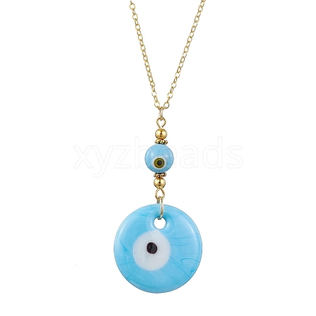 Light Sky Blue Glass Evil Eye Pendant Necklace with Alloy Cable Chains NJEW-JN04650-02-1